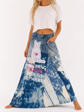 Avant-Garde Designer Maxi Skirt Upcycled Recycled Denim Chic Concept Streetwear